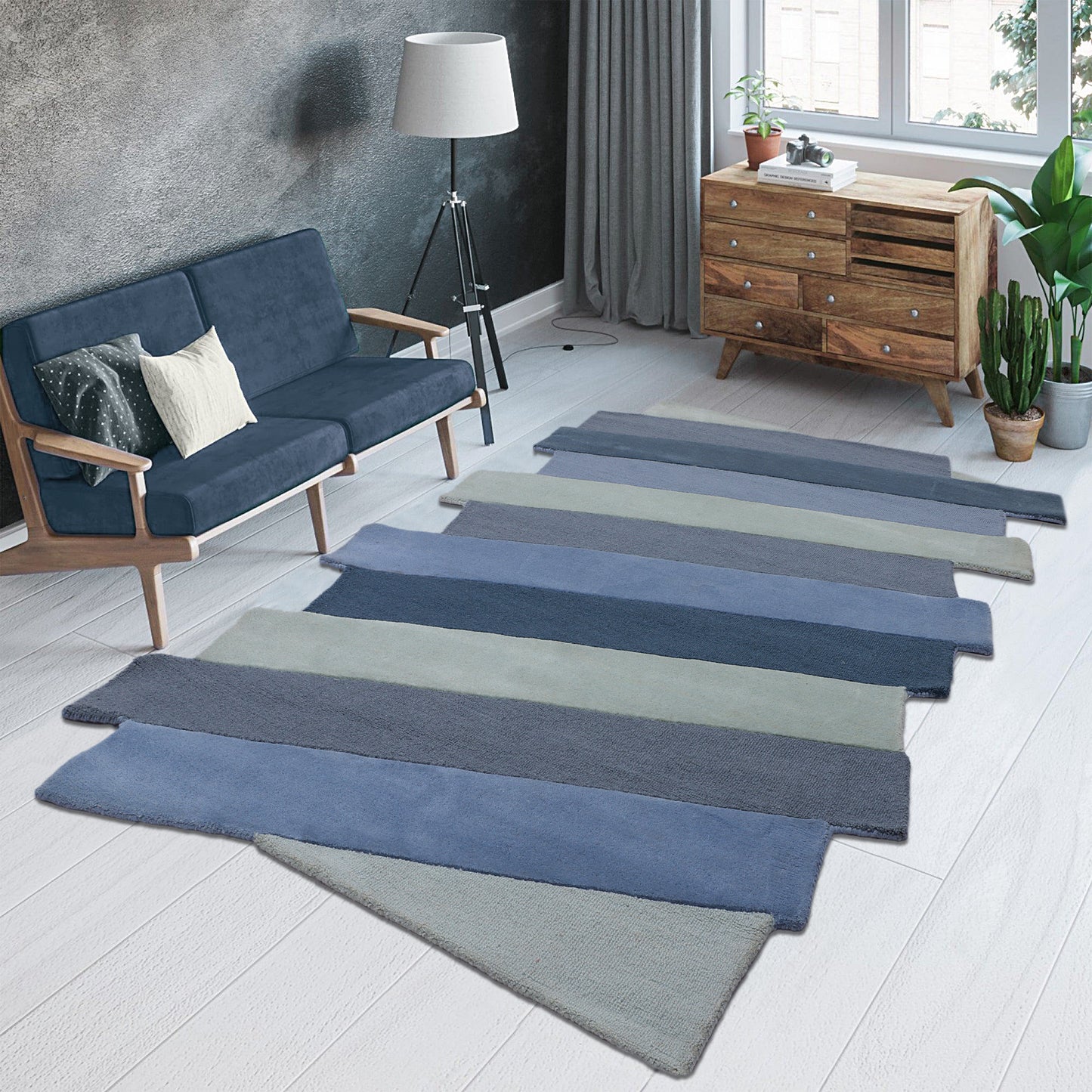 Blue & Silver Grey Hand Tufted Wool Rug - 5'x8'