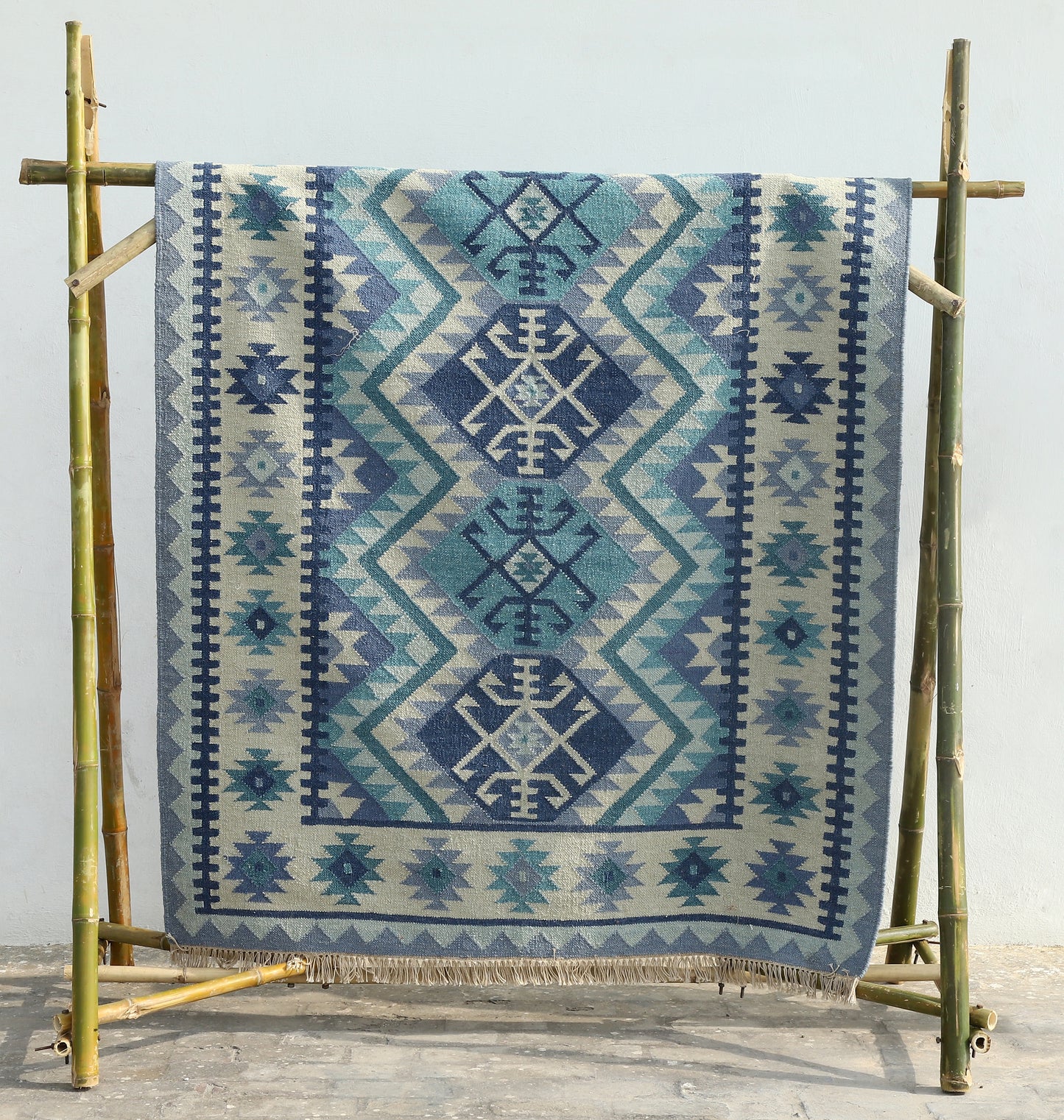 Blue Wool/Cotton Hand Woven Punja Kilim - 5'x8'
