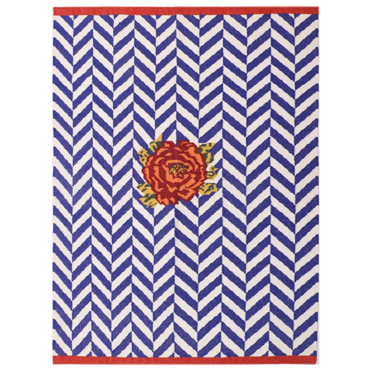 Blue & White Hand Woven Wool Kilim - 5'x6'.5"