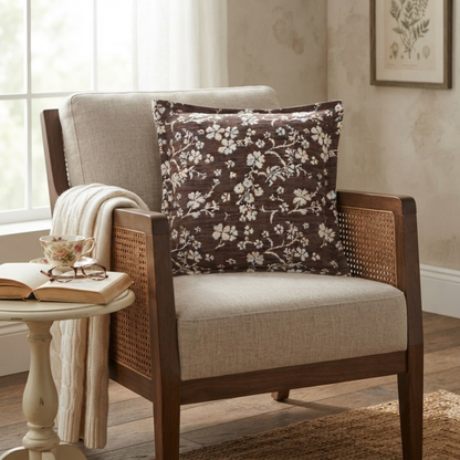 Brown Floral Jacquard Cushion Cover