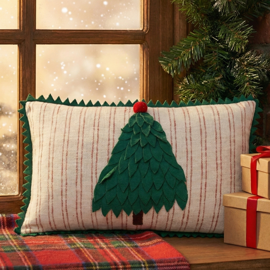 Beige and Green X-mas Tree Cotton Slub Cushion Cover