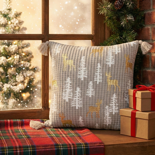 Reindeer & Tree Foil Print Cushion Cover