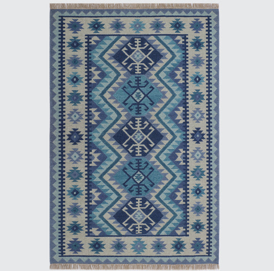 Blue Wool/Cotton Hand Woven Punja Kilim - 5'x8'