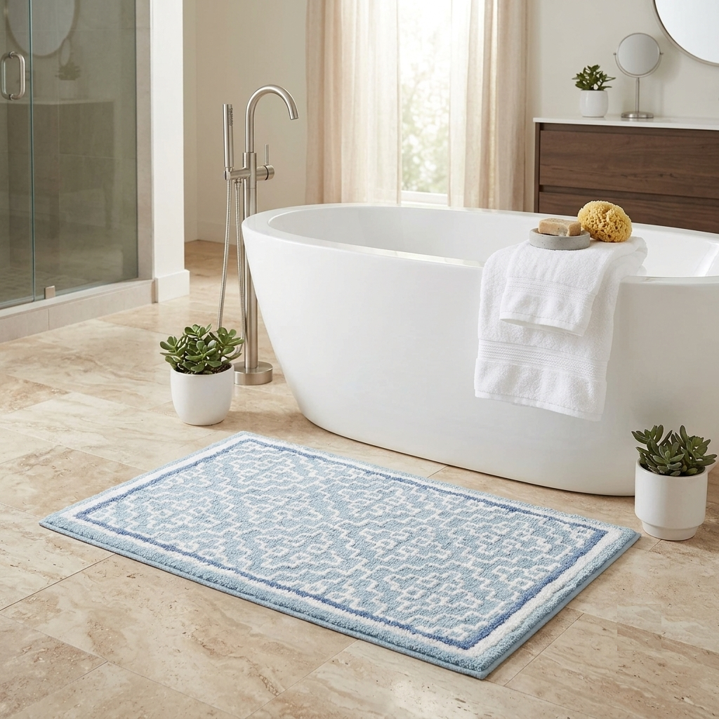 Blue & White Geometric Cotton Bathmat