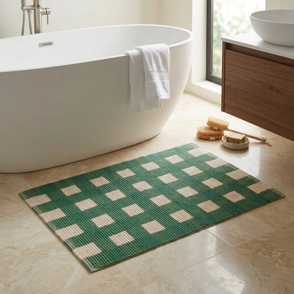 Green Checkered Cotton Bathmat