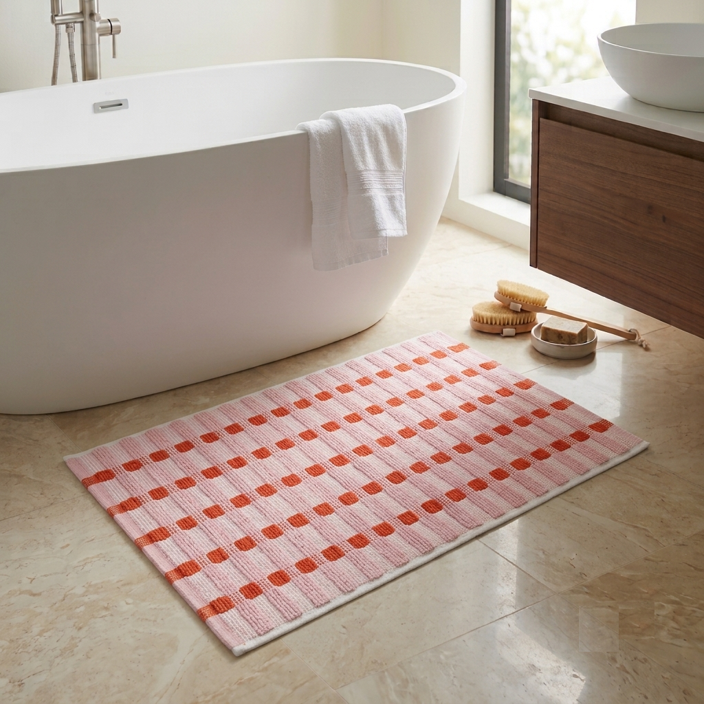 Pink Linear Cotton Bathmat