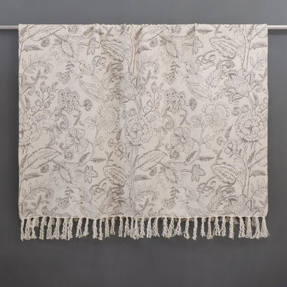 Reversible Botanical Print Fringe Throw
