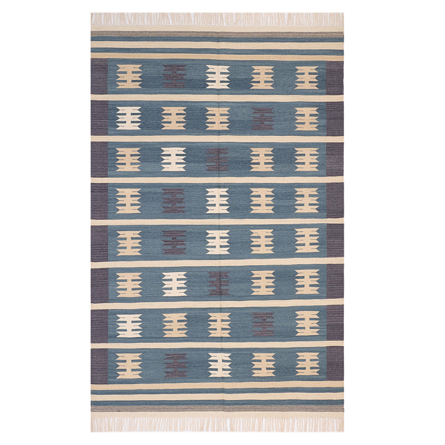 Blue & Ivory Hand Woven Wool Rug - 6'x9'