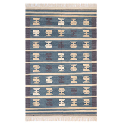 Blue & Ivory Hand Woven Wool Rug - 6'x9'