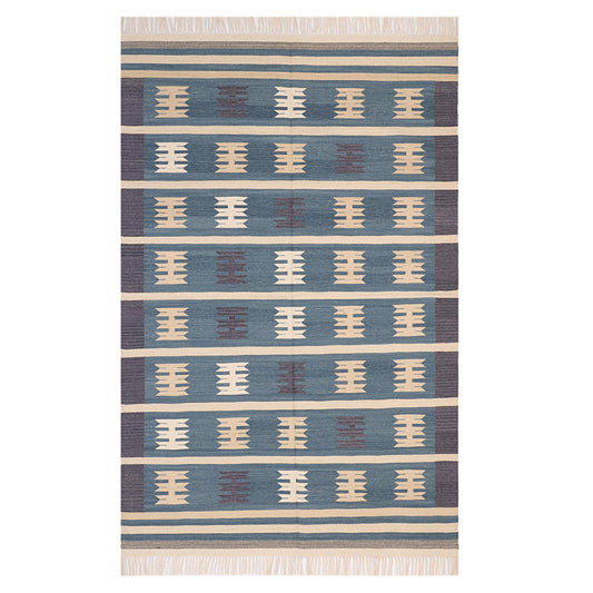 Blue & Ivory Hand Woven Wool Rug - 6'x9'