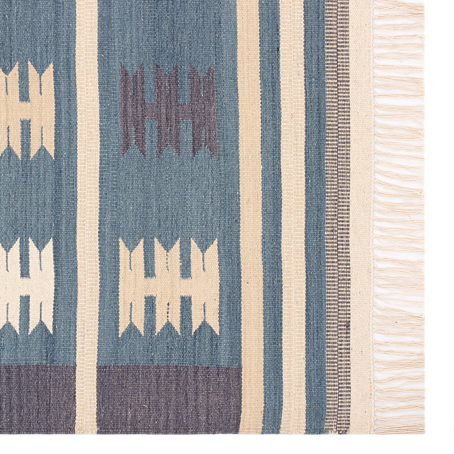 Blue & Ivory Hand Woven Wool Rug - 6'x9'