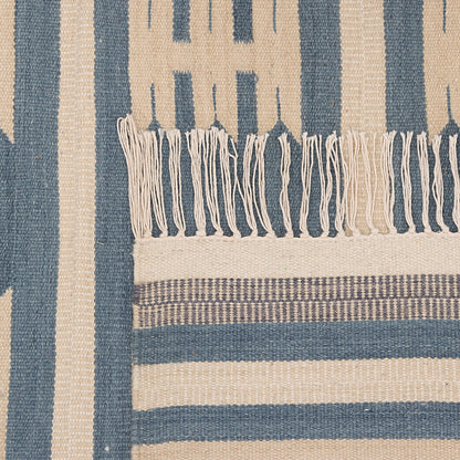 Blue & Ivory Hand Woven Wool Rug - 6'x9'