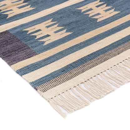 Blue & Ivory Hand Woven Wool Rug - 6'x9'